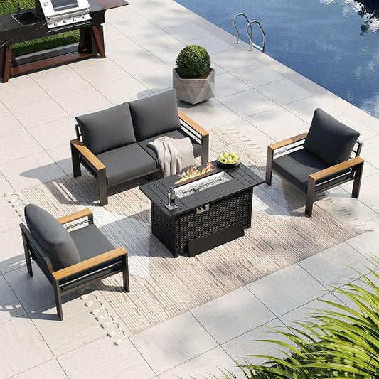 Aoxun Patio Furniture Set, Aluminum Patio Set with Fire Pit Table and 5" Thicken & Washable Cushion, Waterproof Outdoor Furniture, Outdoor Couch Sectional for Backyard (4 Seats/F, Dark Grey)