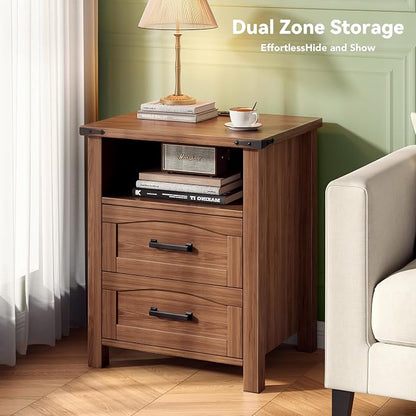 Decofy Farmhouse Nightstand Set of 2 with Charging Station, 18'' Wide Rustic End Table with USB/Type-C Ports, 2 Drawers & Open Shelf, Wood Bedside Table for Bedroom, Walnut