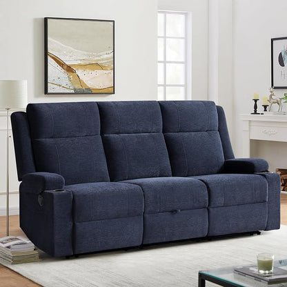 GUEAPY Large Manual Reclining Sofa 3-Seater Chenille Recliner Couch with Cup Holders, Wide Seat, Easy Assembly & Spill-Resistant Fabric Cozy Reclining Sofa for Living Room, Apartment, RV, Blue