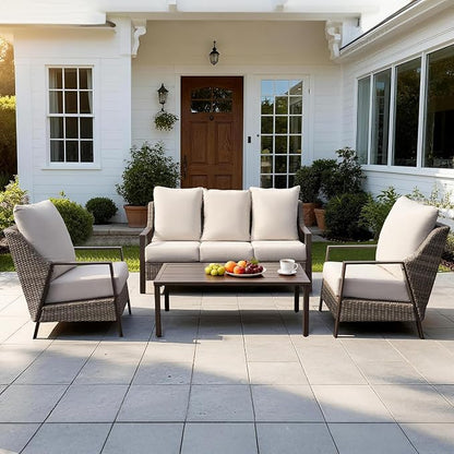 4 Piece Outdoor Patio Furniture Set, All-Weather Wicker Conversation Set with 4.72" Thick Olefin Cushions - 3-Seat Sofa, 2 Armchairs and Coffee Table for Backyard Deck Porch, Balcony, Beige