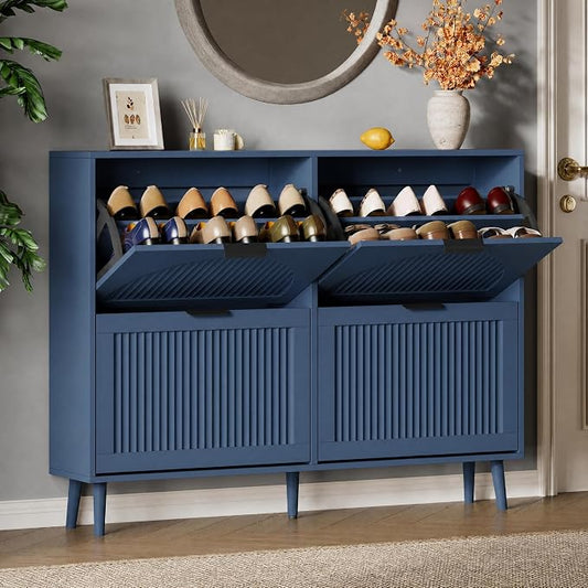 Xixini Shoe Storage Cabinet with 4 Flip Drawers, 36" Freestanding Wood Fluted Shoe Organizer for Entryway, Tall Narrow Wooden Hidden Slim Shoe Rack for Front Door Entrance, Hallway, Foyer, Navy Blue