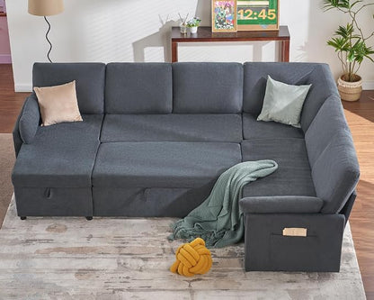 PaPaJet Sofa Bed, 112 Inch Sleeper Sofa, Oversized U Shaped Couch with Storage Chaise, Pull Out Couch for Living Room, Chenille Gray
