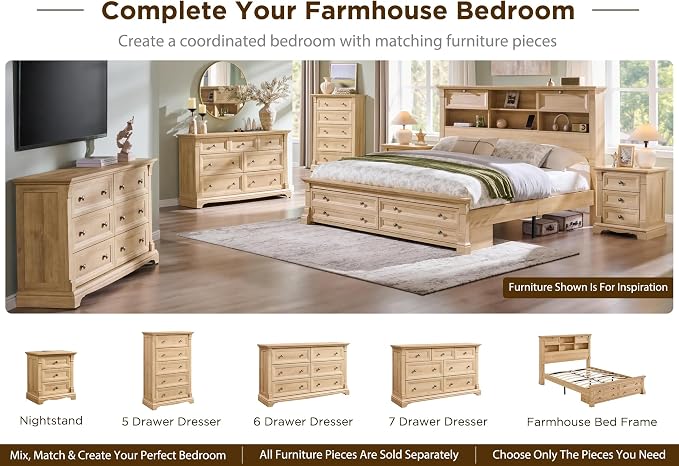 T4TREAM Farmhouse King Size Bed Frame with 54" Tall Storage Bookcase Headboard, 18" Roman Column Decoration Footboard,2 Drawer & 4 Storage Rack, Oak