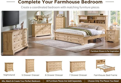 T4TREAM Farmhouse King Size Bed Frame with 54" Tall Storage Bookcase Headboard, 18" Roman Column Decoration Footboard,2 Drawer & 4 Storage Rack, Oak