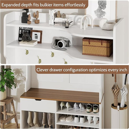 Hall Tree with Bench and Shoe Storage, White | 5-in-1 Entryway Hall Tree with Coat Rack, Hidden Drawer, 7 Coat Hooks, 3-Tier Shoe Storage for Hallway and Mudroom
