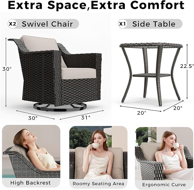 3 Pieces Patio Conversation Furniture Set - 2 Swivel Chairs, 1 Side Table, Outdoor Wicker Rocking Glider Armchairs with Washable Cushions for Porch, Balcony, Sunroom (Beige)