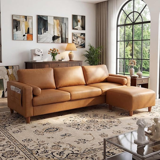 Vesgantti 100" Faux Leather Couch with Movable Ottoman, 3 Seater L Shaped PU Leather Sofa with Side Pocket, Comfy Mid Century Modern Modular Sectional Couch for Living Room, Apartment, Camel