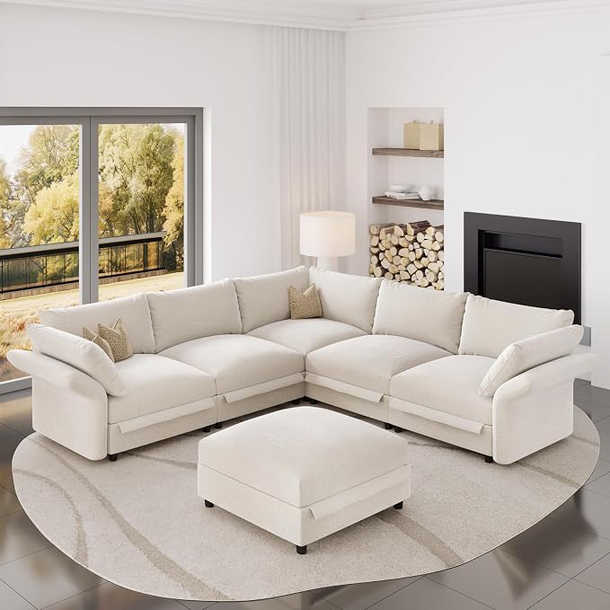 DreamDashio 126″ 6-Seat Modular Sectional Sofa for Living Room, Oversized Cloud Couch with Storage, 8 Adjustable Backs & 8 Pillows, High Back, Beige Chenille