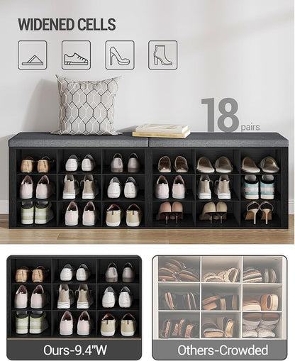 Hzuaneri Shoe Storage Bench with Cushion, Entryway Storage Bench with 18 Cubbies, 9.5" Widened Organizer Cabinet, Long Cubby Rack for Living Room, Bedroom, Entryway, Black SB25704GY