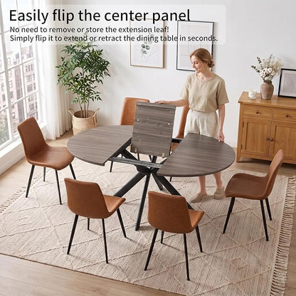 HIPIHOM 43.2"-59.1" Oak Round Extendable Table with PU Chairs Set of 7 | Includes 6 PU leather chairs, mid century modern, thickened MDF table top, scratch resistant, space saver