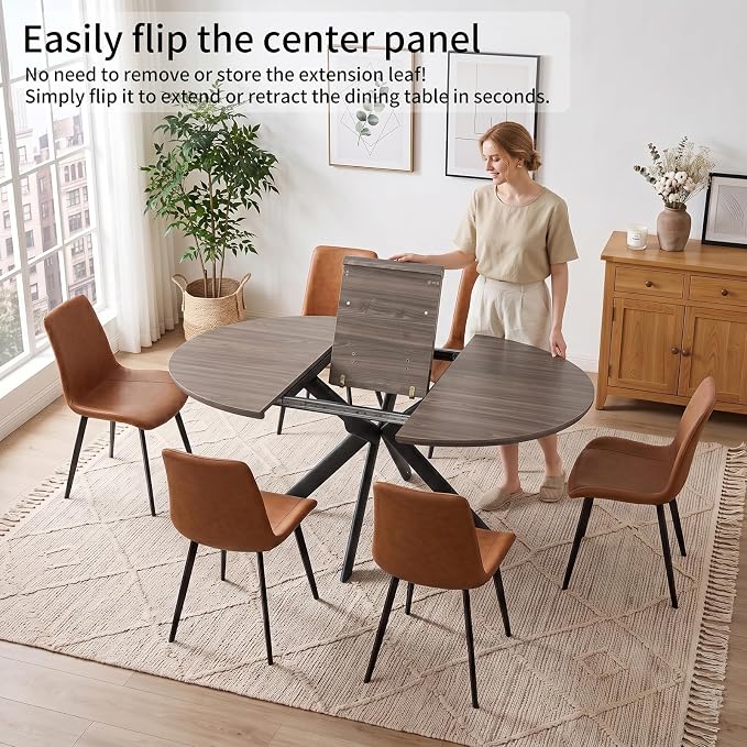 HIPIHOM 43.2"-59.1" Round Extendable Dining Table Set for 4 Metal Legs | Mid century modern oak finish, thickened MDF tabletop, scratch resistant, space saver, for 4-6 people
