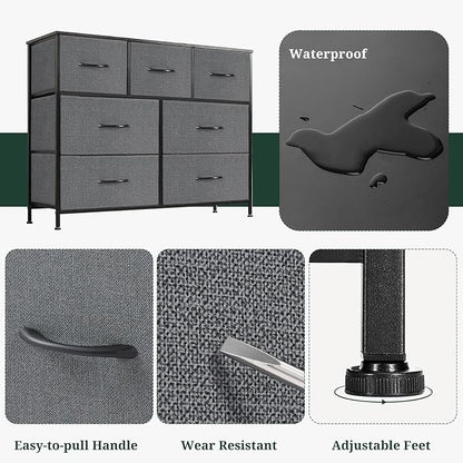7-Drawer Dresser for Bedroom, Anti-Tip Wide Storage Organizer Fabric Chest of Drawers TV Stand for 45" TV with Wooden Top and Metal Frame for Closet, Living Room, Hallway, Entryway, Gray