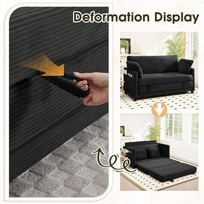 Myroyalsit 65" Convertible Loveseat Sofa Bed, 2-in-1 Folding Sofa Bed with 2 Pillow for Small Spaces, Modern Loveseat Sleeper Couch for Apartment, Living Room & Guest Room (Black Corduroy, 65 inch)
