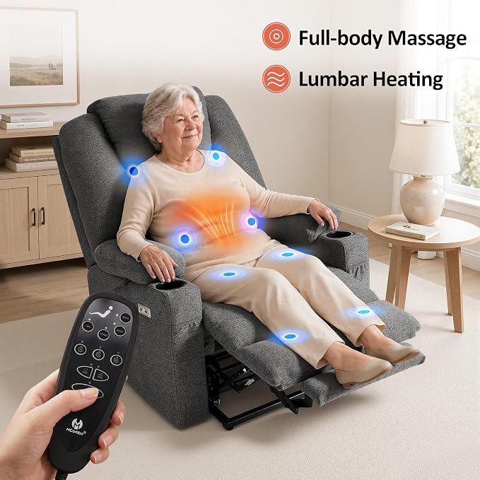 MCombo Power Lift Recliner Chair for Elderly R7042(Grey, Small-Wide) | Heat and Massage, USB& Type C Charging Port, FSC Certified