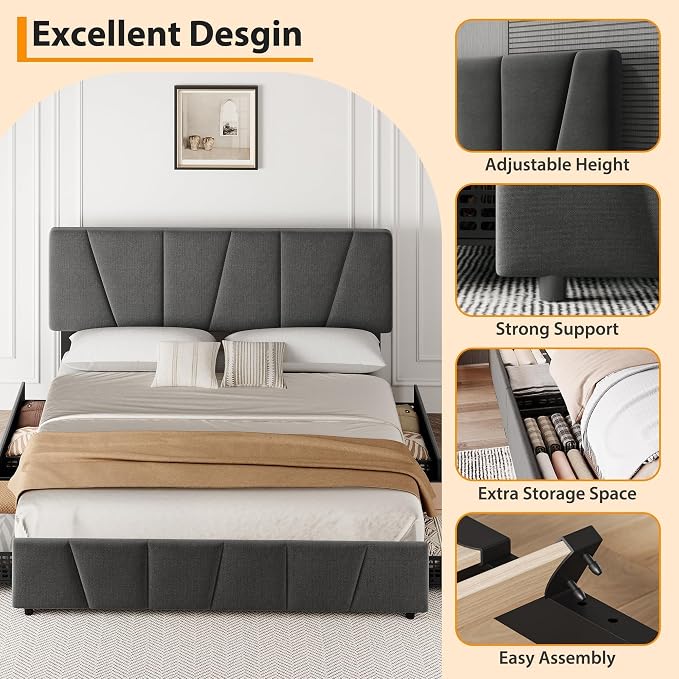 Full Size Bed Frame with Upholstered Headboard & 4 Storage Drawers with Wheels, Platform Bed Frame with Wooden Slat Support, Adjustable Headboard, No Box Spring Needed, Noise-Free, for Bedroom