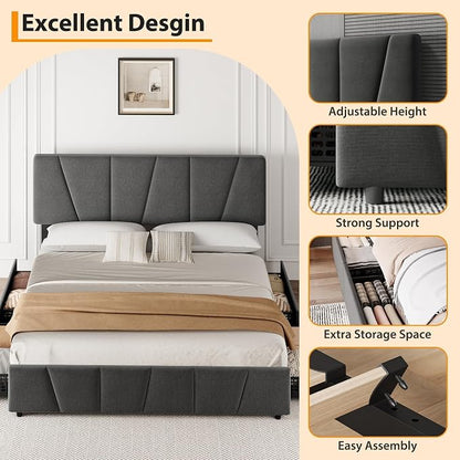 Full Size Bed Frame with Upholstered Headboard & 4 Storage Drawers with Wheels, Platform Bed Frame with Wooden Slat Support, Adjustable Headboard, No Box Spring Needed, Noise-Free, for Bedroom