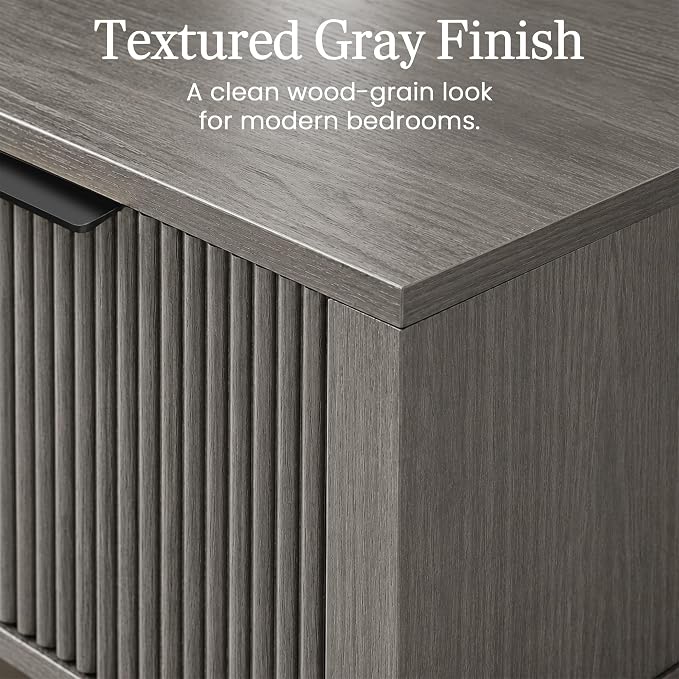 Weathered Gray 15" Wide Small Nightstand, Drawer, Open Shelf, Fluted | Weathered gray tone, ribbed fluted front, 11.8-inch slim depth, concealed storage, cool fit for sofa side or chair side