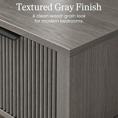 Weathered Gray 15" Wide Small Nightstand, Drawer, Open Shelf, Fluted | Weathered gray tone, ribbed fluted front, 11.8-inch slim depth, concealed storage, cool fit for sofa side or chair side