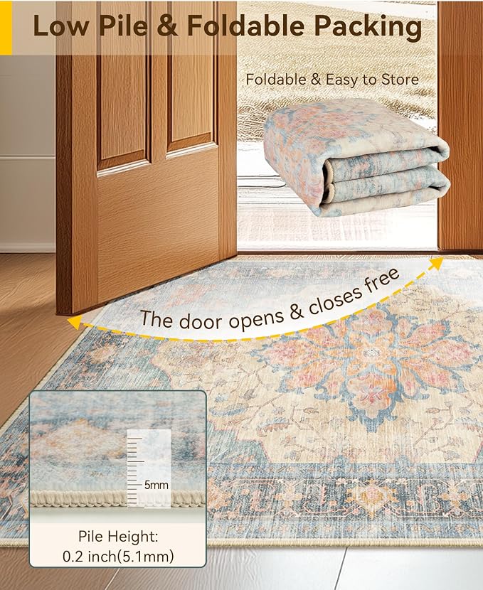 RELEANY Area Rugs Runner 2'x5' Washable Non-Slip, Floral Vintage Distress Medallion Carpet for Kitchen Hallway Bedroom Beside Laundry Room Bathroom, Blue Orange Red