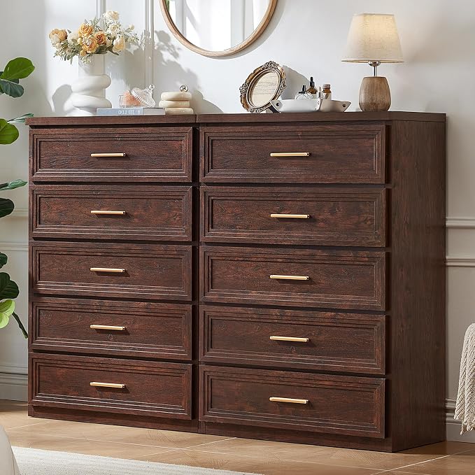 RWYHG Dresser Set for Bedroom with 5 Drawers 45" Tall Wood Closet Organizer with Metal Handle Furniture for Living Room Hallway Walnut