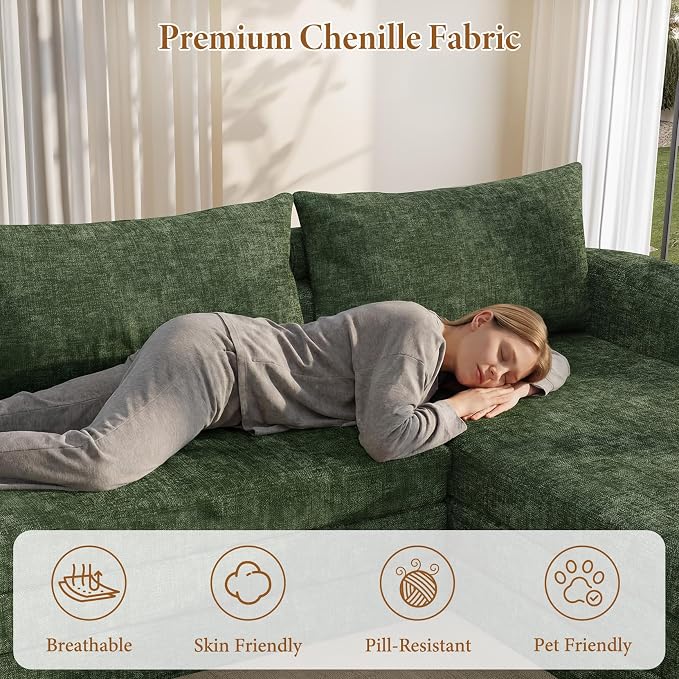 Vesgantti 110.2" Boneless Sectional Couch with Curved Armrest, 6 in 1 Convertible Folding Sleeper Sofa Bed, Chenille Modular Sofa for Living Room, No Assembly Required, Green, Right Facing Chaise