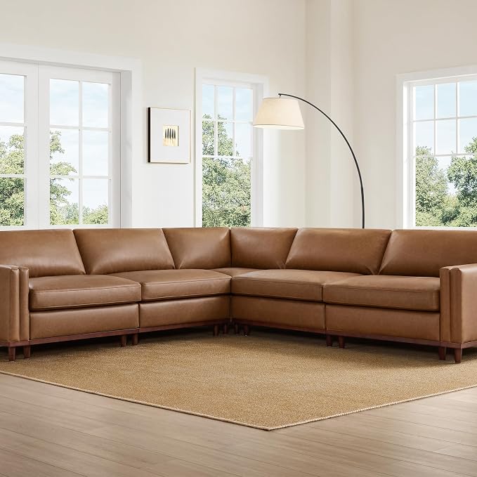 CHITA 114” Super Large Luxury Sectional Modular Sofa, Down Filled, 5 Seat Couch, Faux Leather in Camel