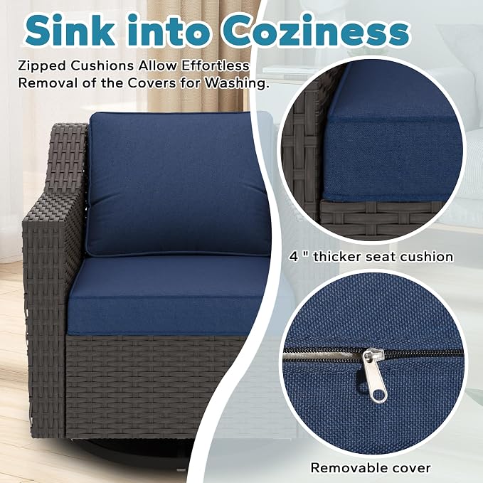 11 Pieces Patio Conversation Furniture Set - 1 Sofa, 2 Ottoman, 2 Armchairs, 4 Swivel Chairs, 2 Side Tables, Outdoor Wicker Furniture with Removable Cushions for Porch, Sunroom (Blue)