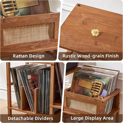LELELINKY Record Player Stand, Brown Wood Record Holder with Vinyl Storage Holds up to 300+ Albums, 3-Tier Rattan Media Table with Vinyl Display Shelf, Record Storage Cabinet for Living Room