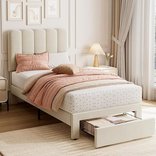 GarveeHome Twin Bed Frame with Under-Bed Drawer, Upholstered Platform Bed with Wave Headboard for Kids/Girls, Wooden Slats Support, No Box Spring Needed, Velvet White