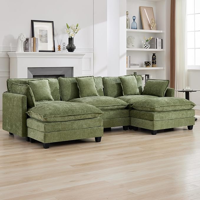111'' Sectional Cloud Deep Seat Couch, Oversized Chenille U Shaped Sectional Sofa for Living Room Set, Comfy Upholstered Modular 3-Seats Sectional Sofa Couch with 2 Movable Ottoman, Green