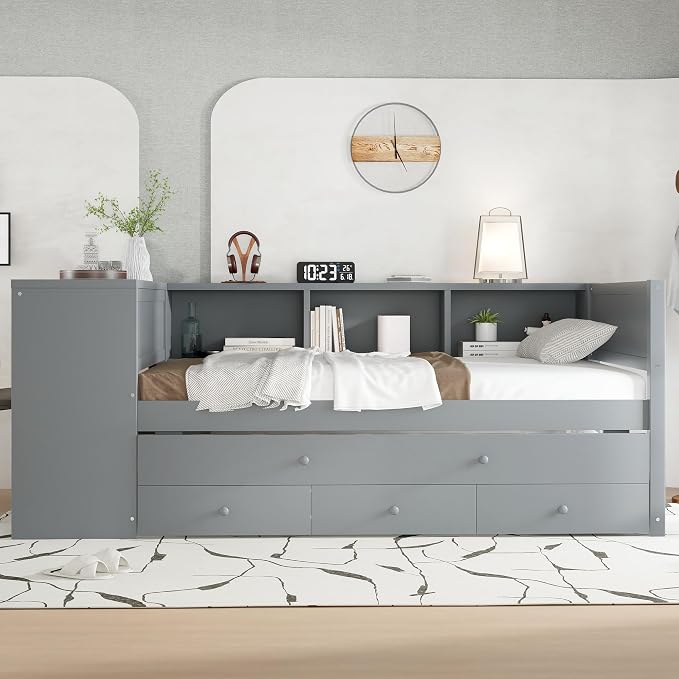 Bellemave Twin Size Corner Bed Frame with Storage Drawers and Desk,Captain Daybed with Bookcase,Corner Bed Frame Twin Size with Trundle for Kids,Teens,Guests,Gray
