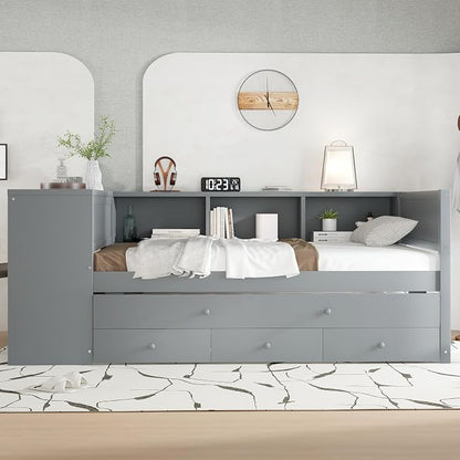 Bellemave Twin Size Corner Bed Frame with Storage Drawers and Desk,Captain Daybed with Bookcase,Corner Bed Frame Twin Size with Trundle for Kids,Teens,Guests,Gray