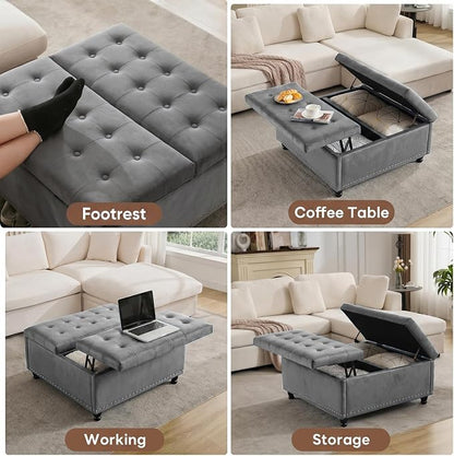 Tbfit Large Square Storage Ottoman Bench, Tufted Upholstered Coffee Table Ottoman with Lift Top & Wooden Legs, Oversized Storage Ottomans Toy Box for Living Room (Gray-Velvet)