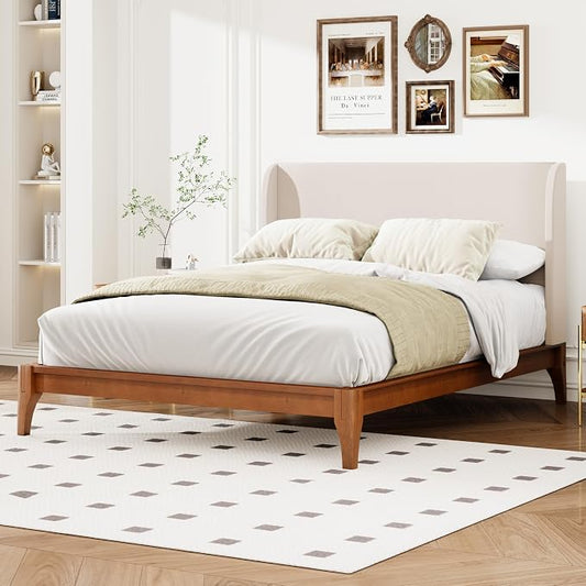 Merax Queen Size Bamboo Platform Bed, Mid-Century Bed Frame with Tall Upholstered Headboard, Wood Slat Support, No Box Spring Needed, Easy Tool-Free Assembly, Beige+Brown
