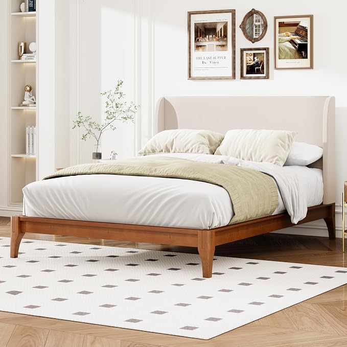 Merax King Size Bamboo Platform Bed, Mid-Century Bed Frame with Tall Upholstered Headboard, Wood Slat Support, No Box Spring Needed, Easy Tool-Free Assembly, Beige+Brown