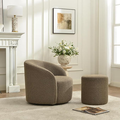 KINWELL 34" Boucle Swivel Barrel Chair with 18" Round Ottoman Set, Fully Assembled Set of Sherpa Accent Chair and Footrest, Modern Comfy Armchair and Footstool for Living Room and Bedroom, Teddy Brown