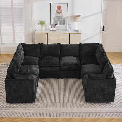 105" Black Oversized Modular Storage Sofa, U Shaped Chenille Cloud Couch | Oversized Convertible Sectional Sofa, 8-Seat Sectional Couch With Armrests, Large Cloud Couch For Living Room, Apartment.