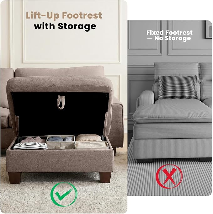 DOPEDIO L-Shaped Sectional Sofa with Storage Ottoman, Modern Chenille Recliner Loveseat, Removable Couch Covers, Pocket Spring Cushions, Solid Wood Frame, Easy to Install (71.25inch, Brown)