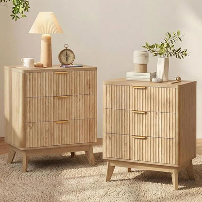LYNCOHOME Fluted Nightstand Set of 2, Wood Bedside Table with 3 Drawers, Modern Farmhouse Storage End Table for Bedroom, Natural
