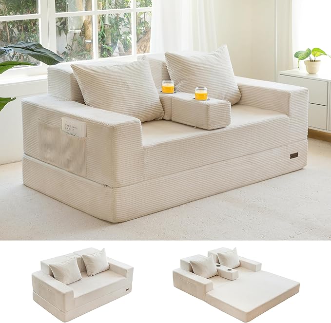 MAXYOYO Loveseat Sofa Bed, 64" Foldable Floor Sofa Couch in A Box with 2 Cup Holders, 4 in 1 Convertible Boneless Couch Folding Recliner Chair for Living Room, No Assembly Required, Beige