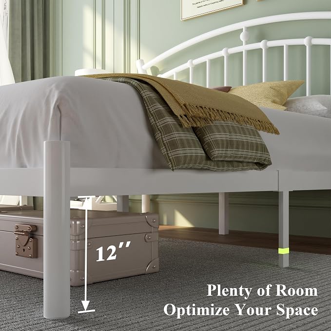 Feonase Full Size White Bed Frame, Heavy-Duty Metal Bed Frame with 13 Hardened Steel Slats, 12" Under-Bed Storage, Noise-Free, Easy Assembly
