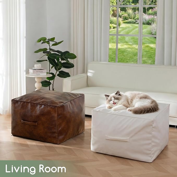 HIGOGOGO Square Stuffed Pouf Ottoman, Pu Leather Poufs with Foam Chunk Filling, Furry and Fluffy Pouf Foot Stool Storage Ottoman,20 X 14 Inches Floor Poufs Foot Rest for Living Room, Dark Brown