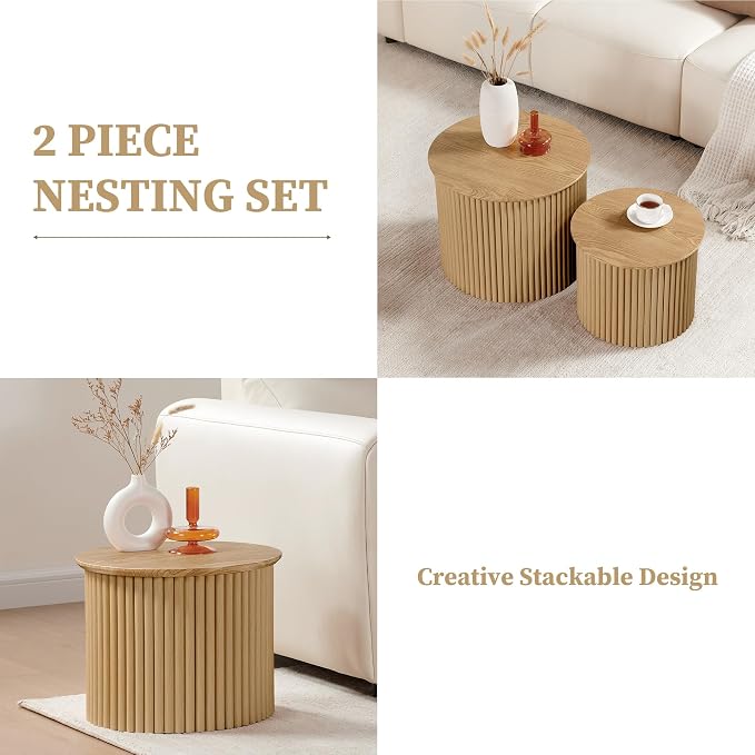 AVZEAR Round Nesting Coffee Table Set of 2, Small Fluted Coffee Table Circle Side Table, Boho Modern Wood Nesting Tables Farmhouse End Table Set for Living Room, Bedroom, Small Spaces(Natural)