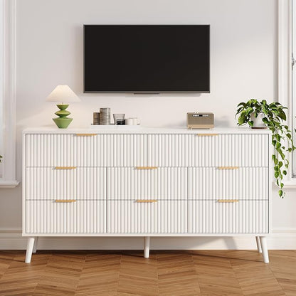 Fluted Dresser for Bedroom with 8 Drawers, Wooden Dresser with Metal Handle, White Dresser for Bedroom, Wood Closet for Hallway, Modern Storage Organizer for Living Room BDR104WW