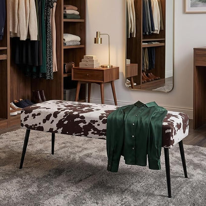 DUHOME Velvet Bench Ottoman, Upholstered Bedroom Benches Cow Print End of Bed Bench with Black Metal Base for Entryway Dining Room Living Room Bedroom, Brown
