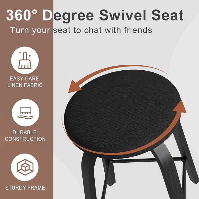 Bar Stools Set of 2, Counter Height Backless Bar Stools, 30" Swivel Barstools Kitchen Chair with Upholstered Fabric Seat, All Black