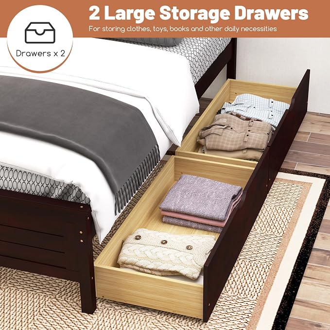 GOFLAME Twin Size Bed Frame with 2 Drawers, Platform Bed with Solid Wood Headboard & Footboard, Wood Slats Support Mattress Foundation, Under Bed Storage, No Box Spring Needed, Easy Assembly, Espresso