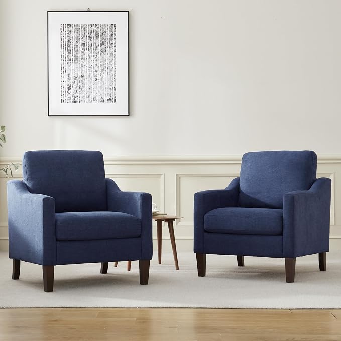 VKNOW Mid Century Modern Accent Chair, Upholstered Living Room Chairs Armchair for Bedroom, Comfy Reading Accent Chairs with Wood Legs for Living Room (2, Navy Blue)