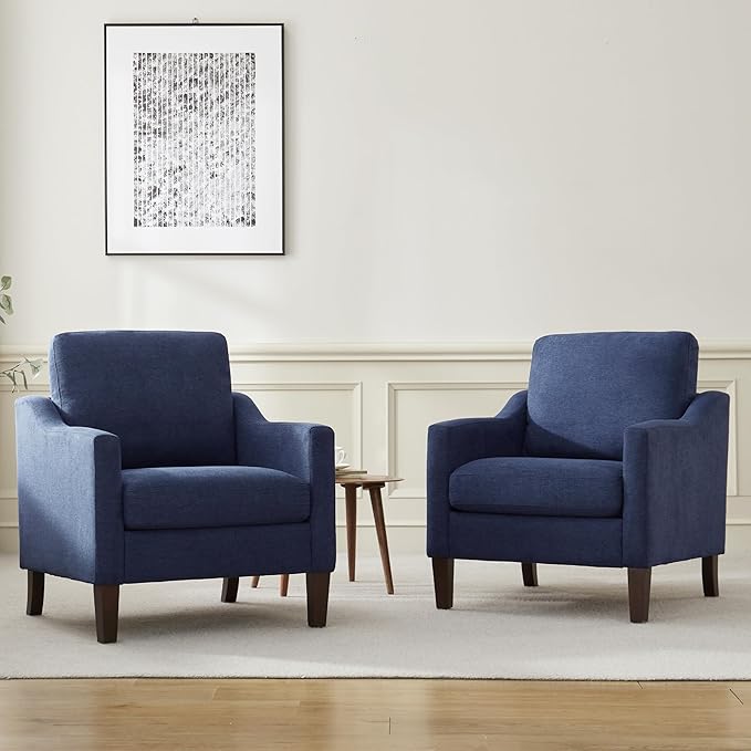VKNOW Mid Century Modern Accent Chair, Upholstered Living Room Chairs Armchair for Bedroom, Comfy Reading Accent Chairs with Wood Legs for Living Room (1, Navy Blue)
