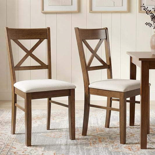HOMCOM Dining Chairs Set of 2, Upholstered Kitchen Chairs with Rubberwood Frame, Padded Seat and Cross Back for Living Room, Dining Room, Kitchen, Walnut